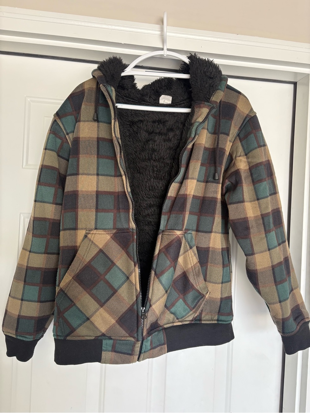 Kids Plaid Fleece-Lined Hooded Jacket - Brown Green